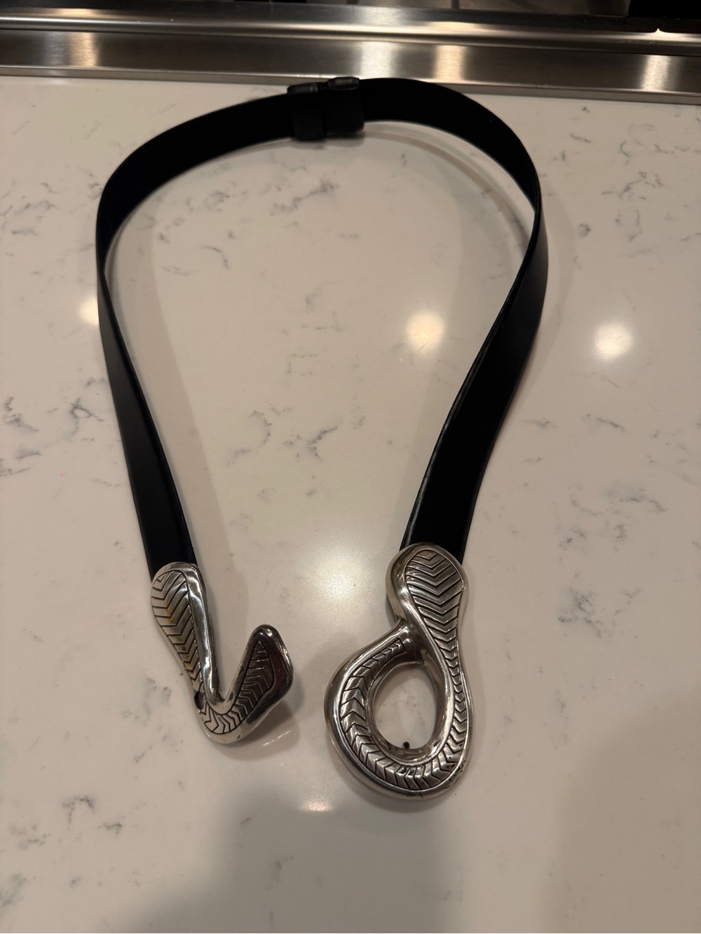 Chico’s Black Leather Lined Belt Oversized Silver Statement Buckle Adjustable - Picture 3 of 11